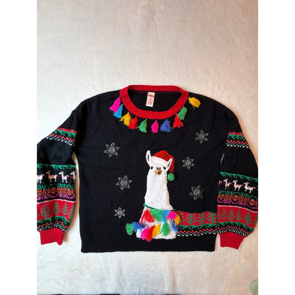 Holiday Time Llama Christmas Sweater Black Tassel Sequin Santa Hat Small 4-6